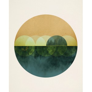 Komar Wandbild Mirrors, 40x50 cm, mit abstraktem Waldsee-Motiv im Kreis.