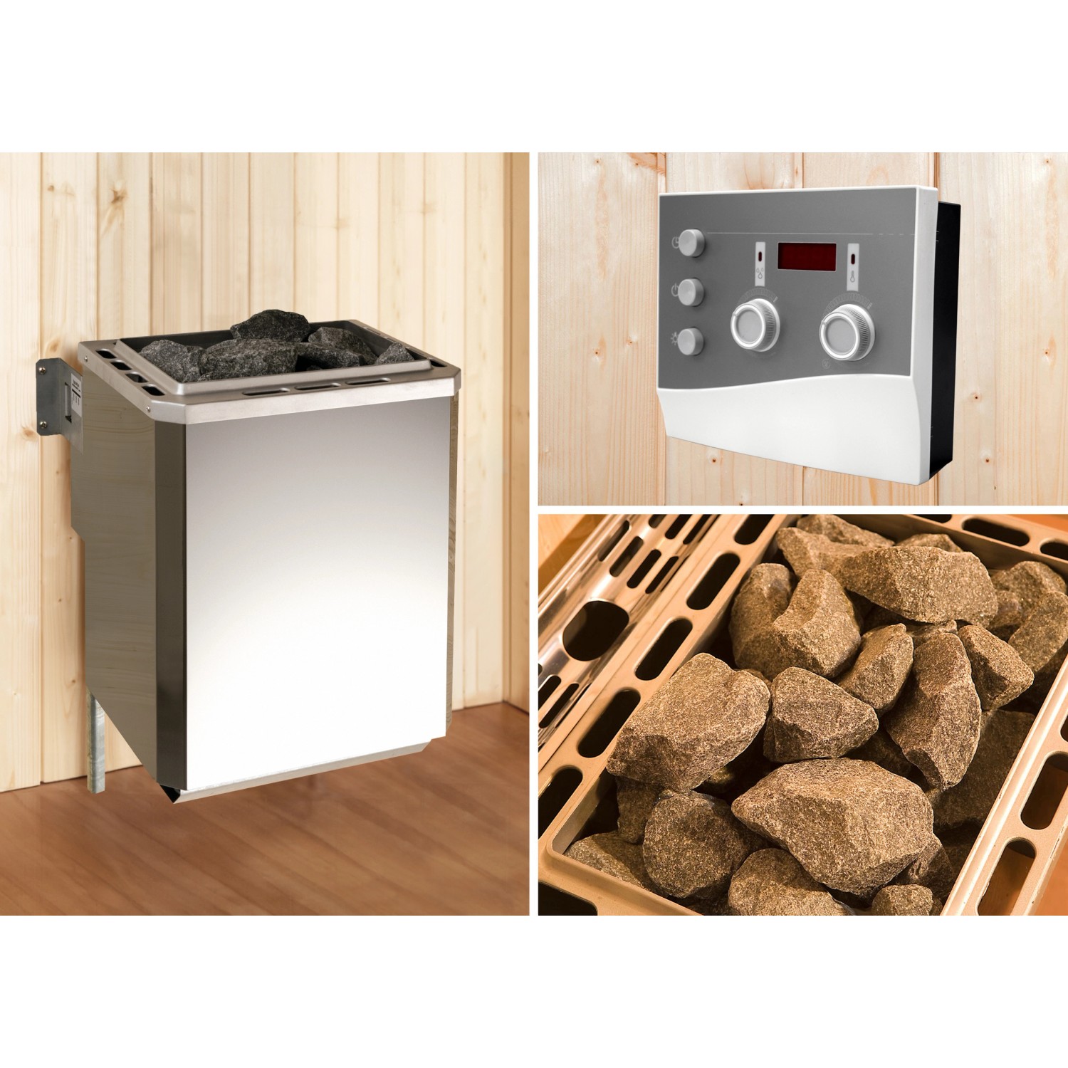 Detailaufnahme Technikpaket 1 für Weka Design-Saunahaus Kuopio: Saunaofen, Steuerung und Saunasteine.
