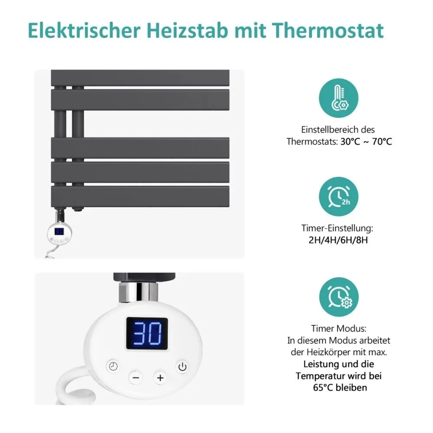 Anthrazit elektrischer Badheizkörper mit weißem Digital-Thermostat, zeigt Temperatur- und Timer-Einstellungen für Handtuchwärmer.