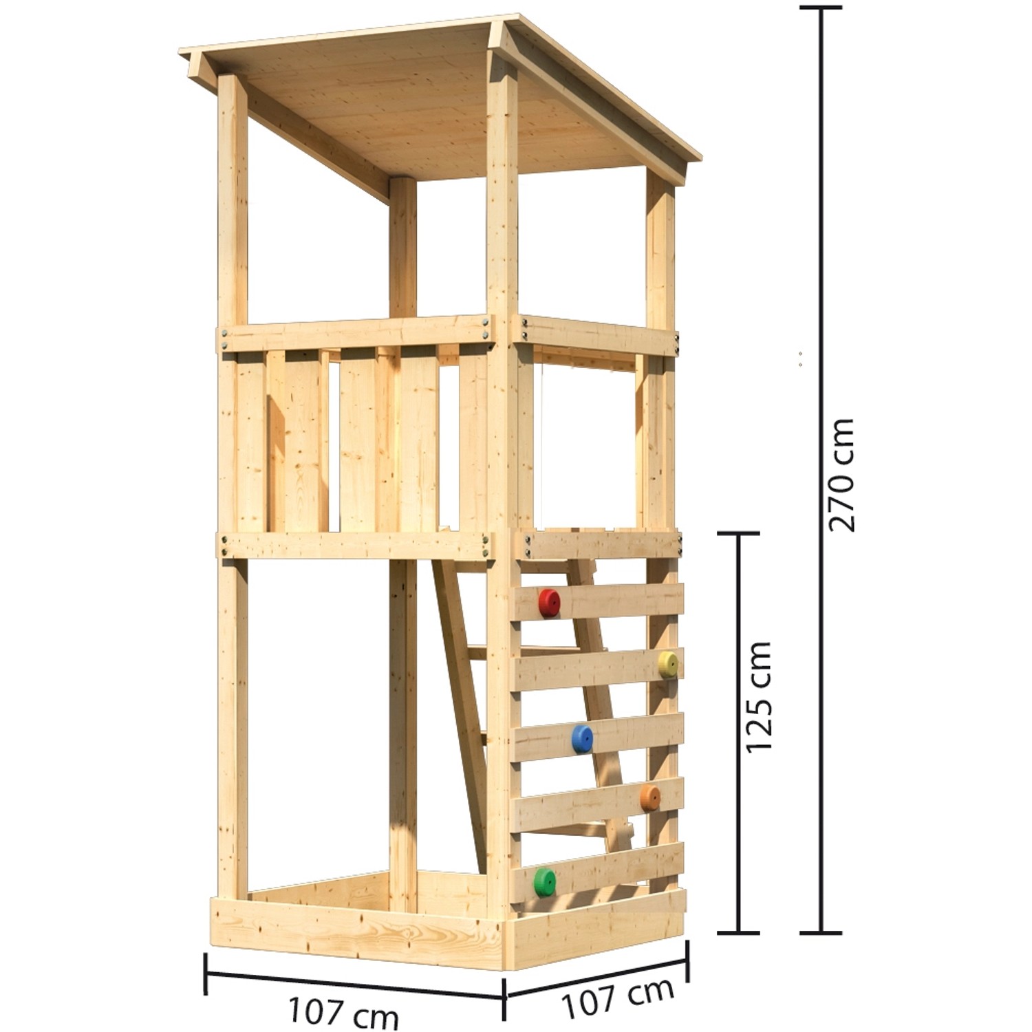 Karibu Spielturm Anna mit Kletterwand ECO aus Holz, mit Leiter und Sandkasten.