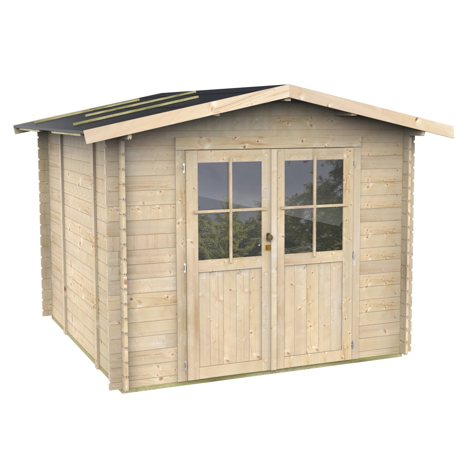 Holzhaus Bh25 Madame, 215x180 cm, unbehandeltes Tannenholz mit Doppeltür und Plexiglasfenster.