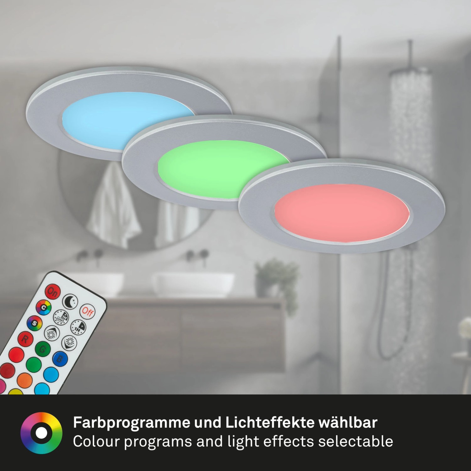 3er Set Briloner LED Einbaustrahler mit RGB und CCT Funktion, dimmbar, chrom-matt, für Bad geeignet.