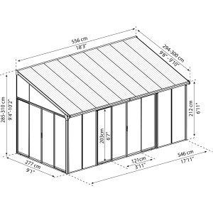 Technische Zeichnung: Palram Canopia SanRemo 3 x 5.56 Wintergarten in Anthrazit mit Maßangaben.