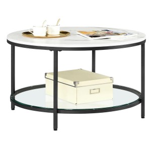 Runder Couchtisch Baris mit Marmor-Optik, Glasablage und schwarzem Metallgestell.