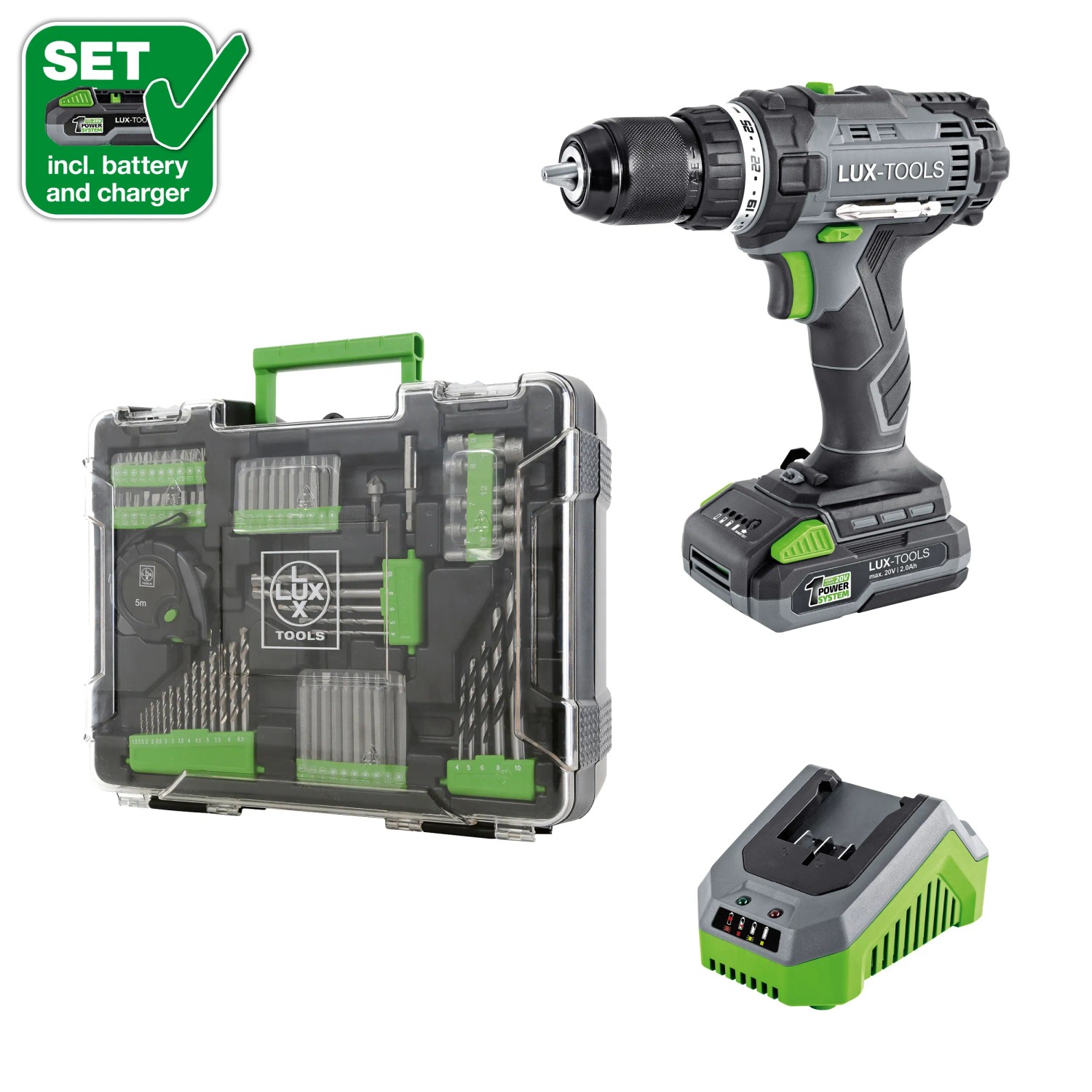 LUX 20V Akku-Bohrschrauber PowerSystem Mobile Werkstatt Set mit Akku, Ladegerät und Zubehör im Koffer.