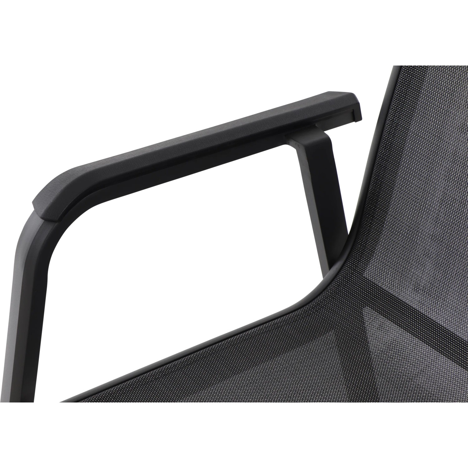Detailaufnahme: Anthrazitfarbener Siena Garden Stapelsessel Tesoro mit Aluminiumgestell und schwarzer Sitzfläche.