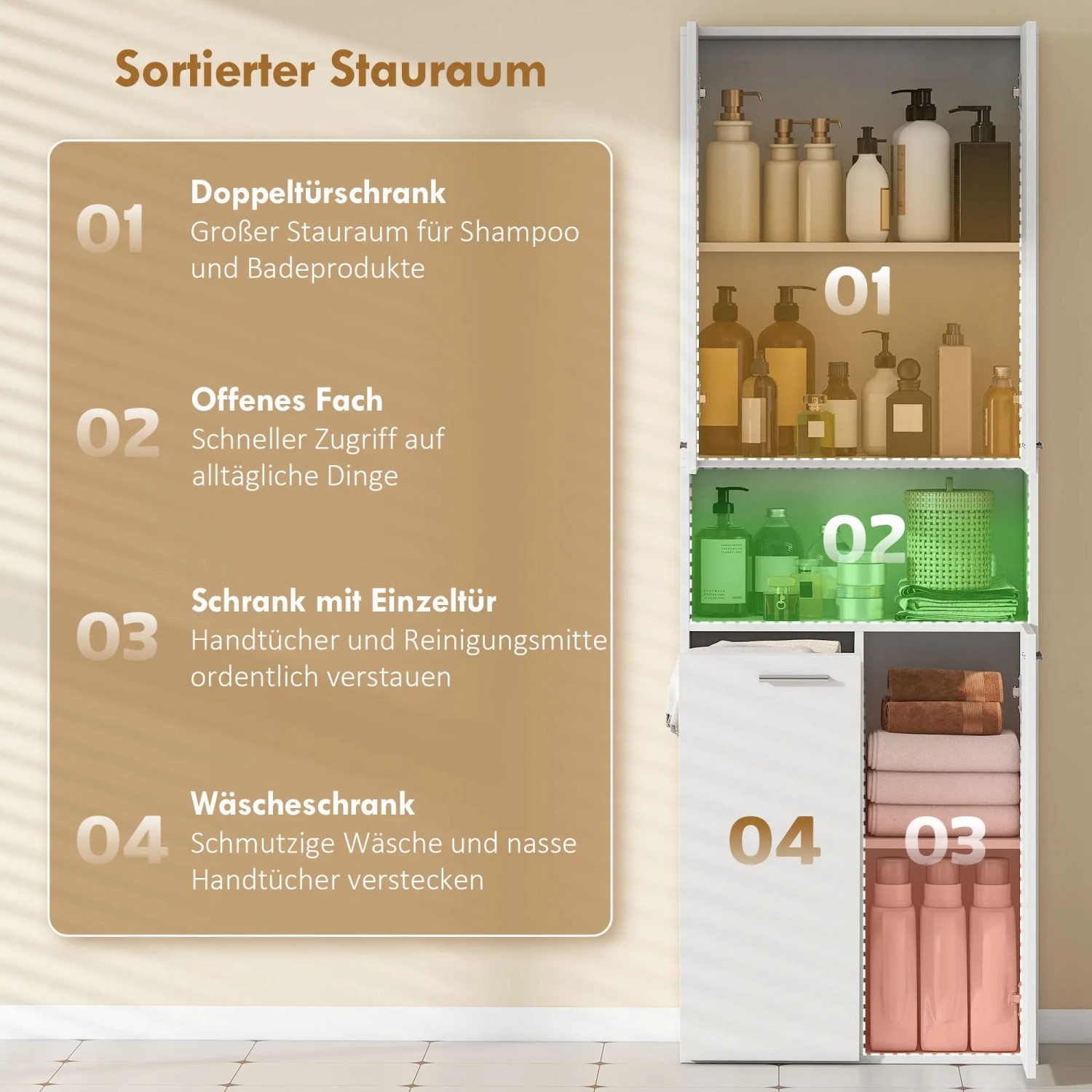 Weißer HOMCOM Badezimmerschrank mit Doppeltür, offenem Fach, Einzeltür und kippbarem Wäschekorb für Stauraum.