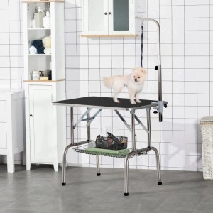 PawHut Trimmtisch klappbar mit schwarzer Platte, höhenverstellbarem Galgen, Ablagekorb und kleinem Hund für Hundefellpflege.
