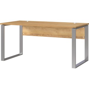 Germania Schreibtisch, 158 cm, Eiche Dekor mit silbernen Metallfüßen und Kabeldurchlässen.