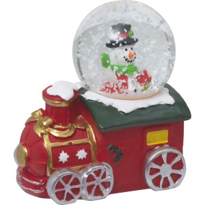 LED-Schneekugel Zug mit Schneemann, Weihnachtsdekoration aus Polyresin.