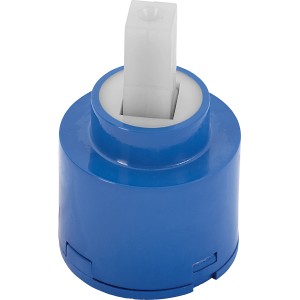 Keramikkartusche Ø 40 mm für Küchenarmatur, blaues Gehäuse, weißer Stift zur Durchfluss- und Temperaturregelung.