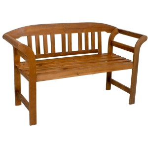 Gartenbank San Jose aus Eukalyptusholz, 2-Sitzer mit Rosen-Schnitzgravur in der Rückenlehne.