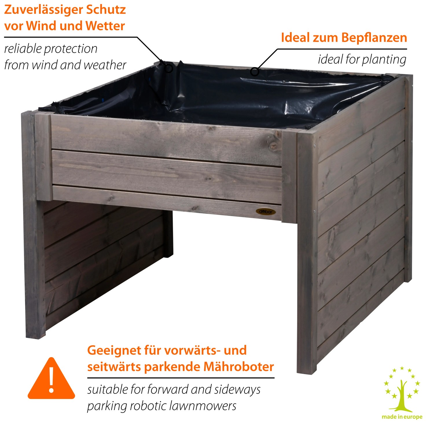 Dobar Mährobotergarage mit Pflanzkasten, grau. Holzgarage für Rasenmähroboter mit Bepflanzung.