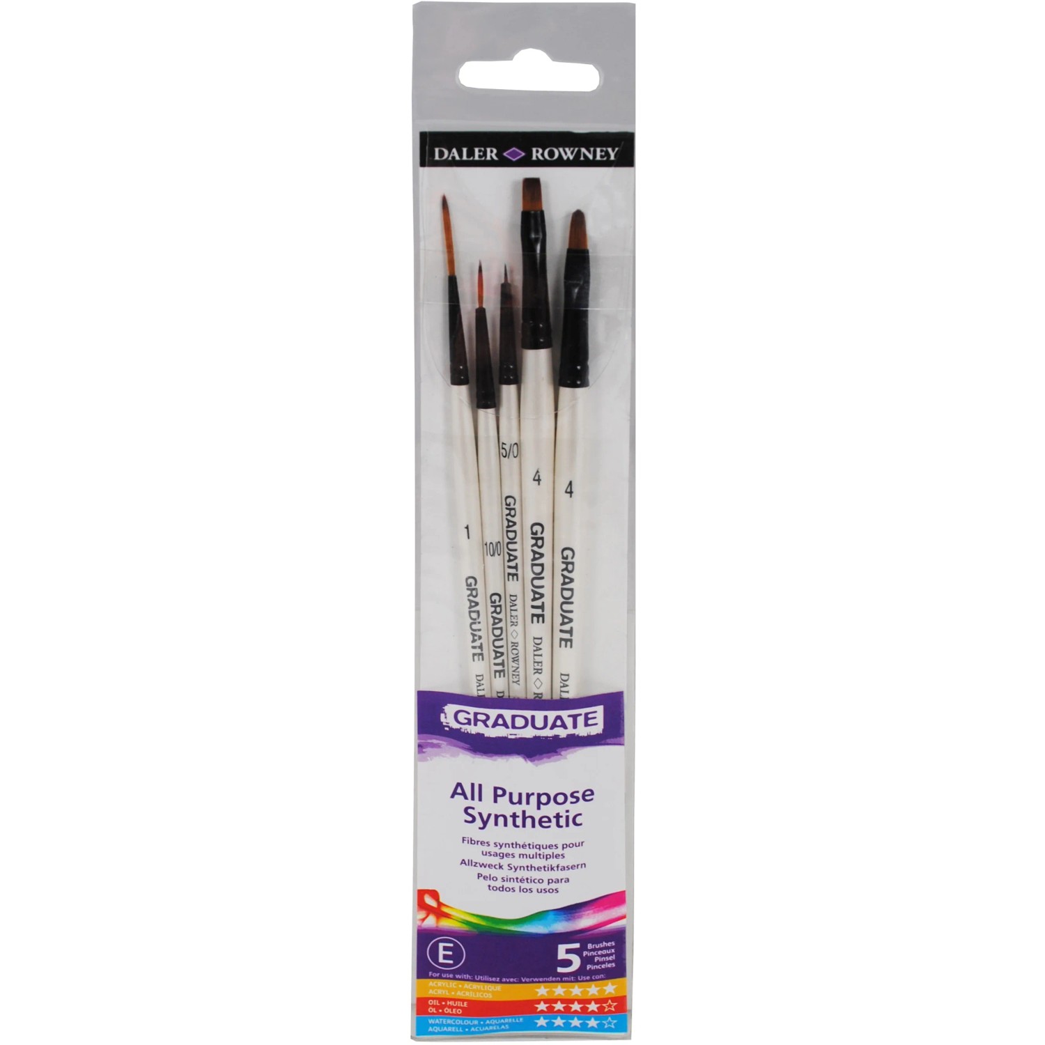 Daler-Rowney Pinselset mit 5 Synthetikpinseln in Verpackung, ideal für Multitechnik.