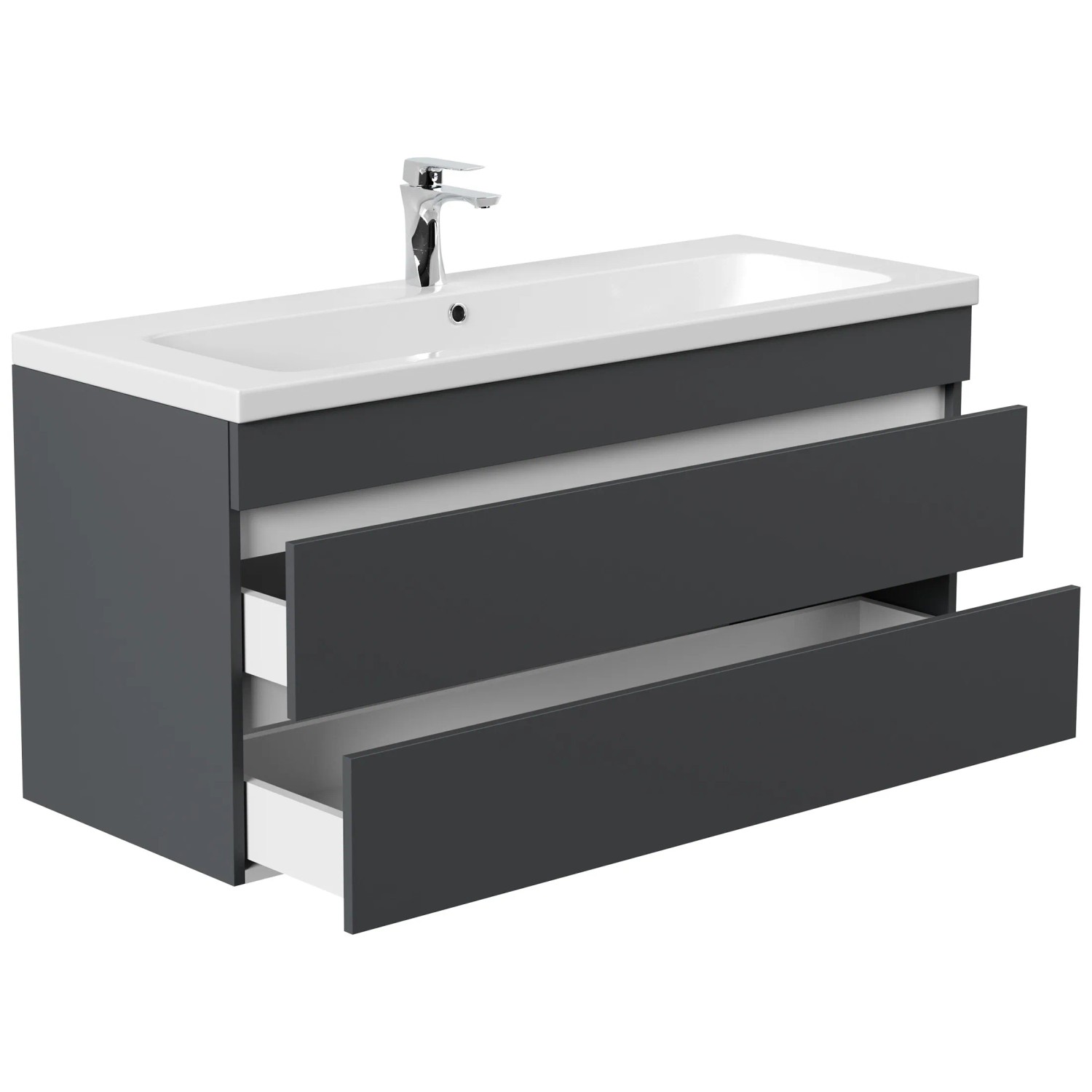 Posseik Badmöbel Fellini 120 in Grafit mit grifflosen Schubladen und Mineralgusswaschbecken.