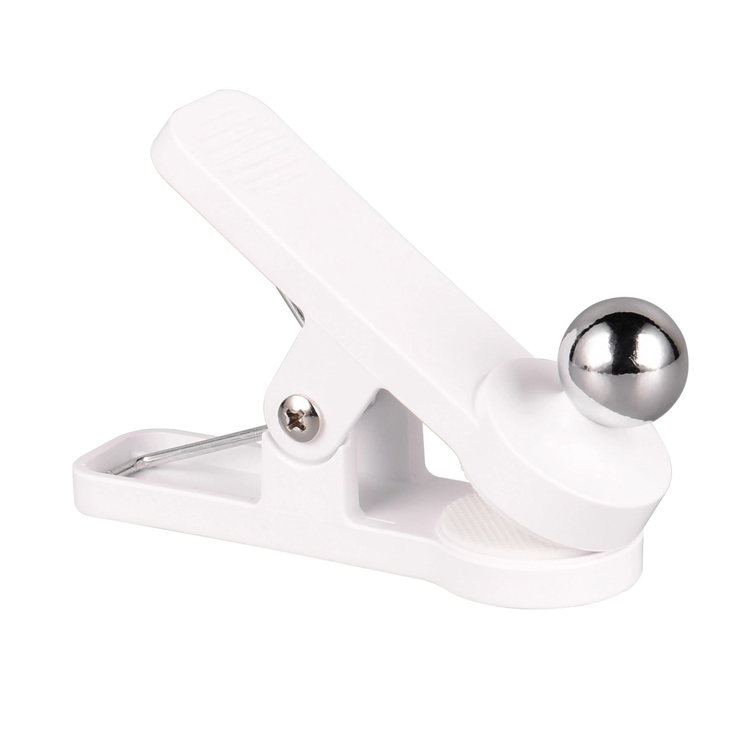 Detailaufnahme der weißen Reality LED-Tischleuchte Maxima mit Klemme und silberner Kugel.