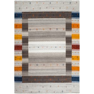 Handgewebter Wollteppich Bhutan Natur, 160x230 cm, mit Streifen und geometrischen Mustern.