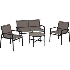 4-teiliges Gartenmöbel-Set Tapena: Stahlgestell, Textilbespannung in Taupe, Tisch mit Glasplatte.