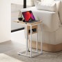 HOMCOM C-förmiger Beistelltisch mit ausziehbarer Holzplatte, weißem Metallgestell und integrierter Ladestation mit USB-Ports.