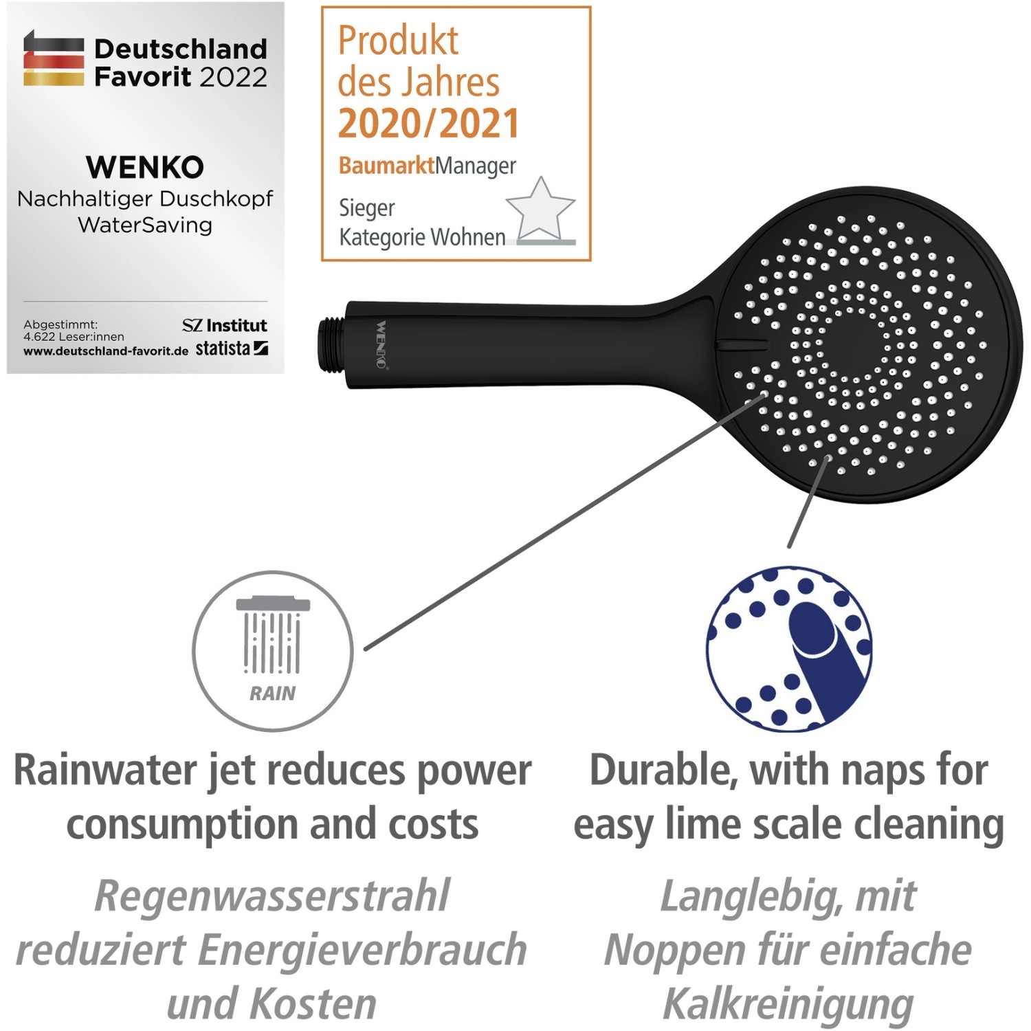 Wenko Brauseset Watersaving Schwarz: Handbrause mit Wassersparfunktion und Antikalk-Noppen.