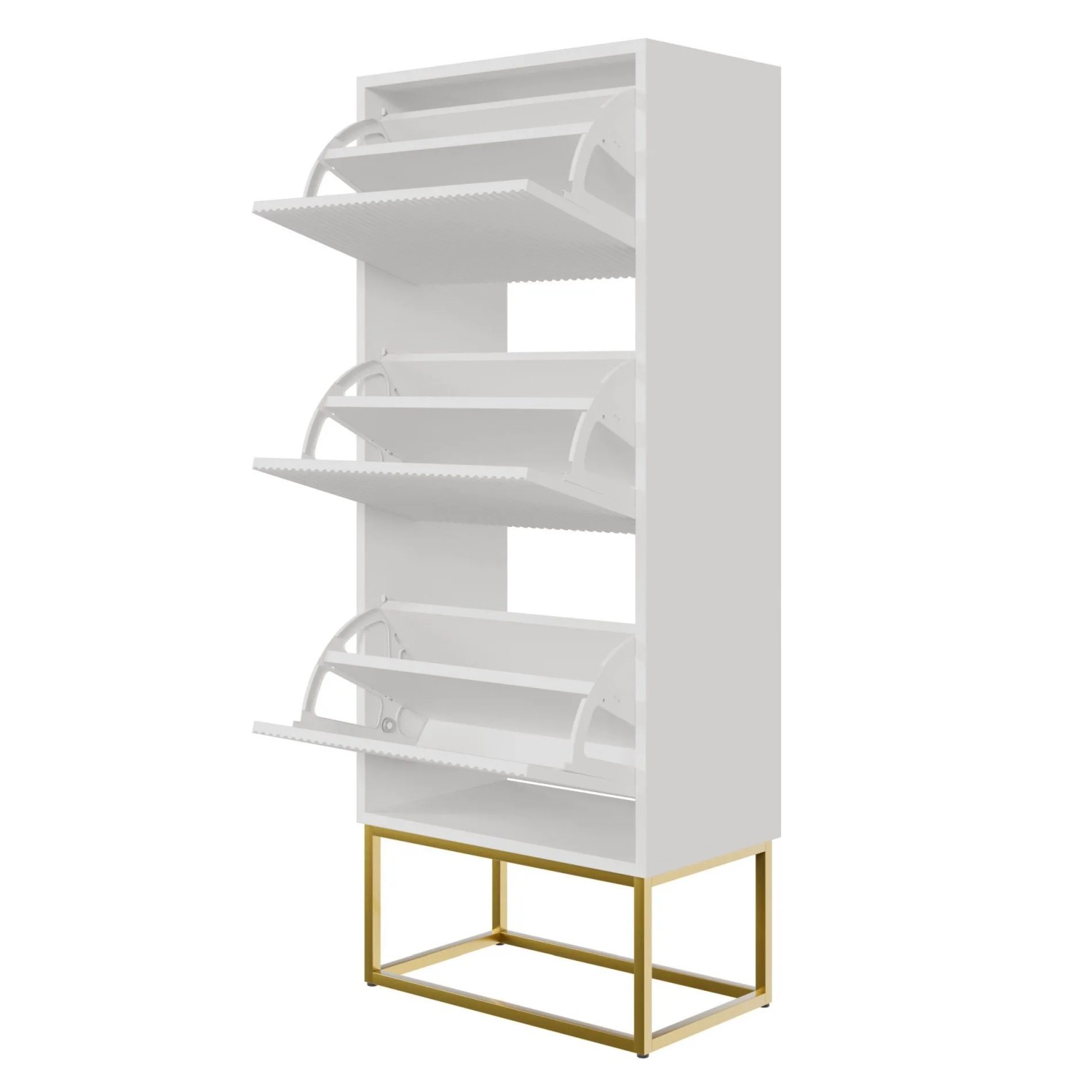 Weißer Selsey Schuhschrank Veldio mit Rillenfront, drei Klappfächern und goldfarbenem Gestell, 50 cm.