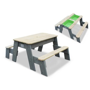 EXIT Aksent Sand-, Wasser- und Picknicktisch mit 2 Bänken aus Holz, grau und natur.