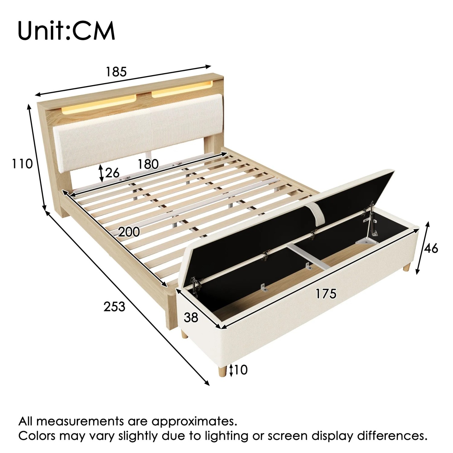 okwish Polsterbett 180x200cm mit Bettbank Stauraum LED Beleuchtung Schlafzimmer Eiche ohne Matratze kaufen bei OBI