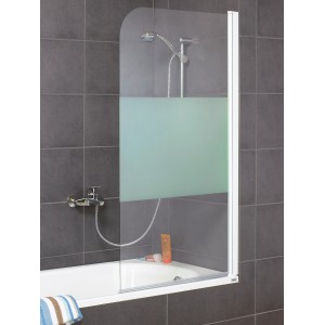 Spritzschutz aus Echtglas mit Dekor, 75x140cm, montiert an einer Badewanne.