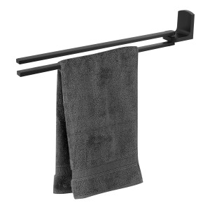 Spirella Handtuchstange Taku, 2-armig, schwarz matt mit grauem Handtuch.