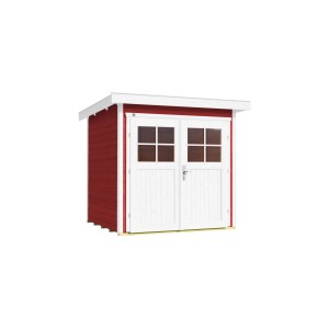 Weka Gartenhaus 227, schwedenrot, mit Flachdach und Doppeltür. Ideal zur Aufbewahrung im Garten.