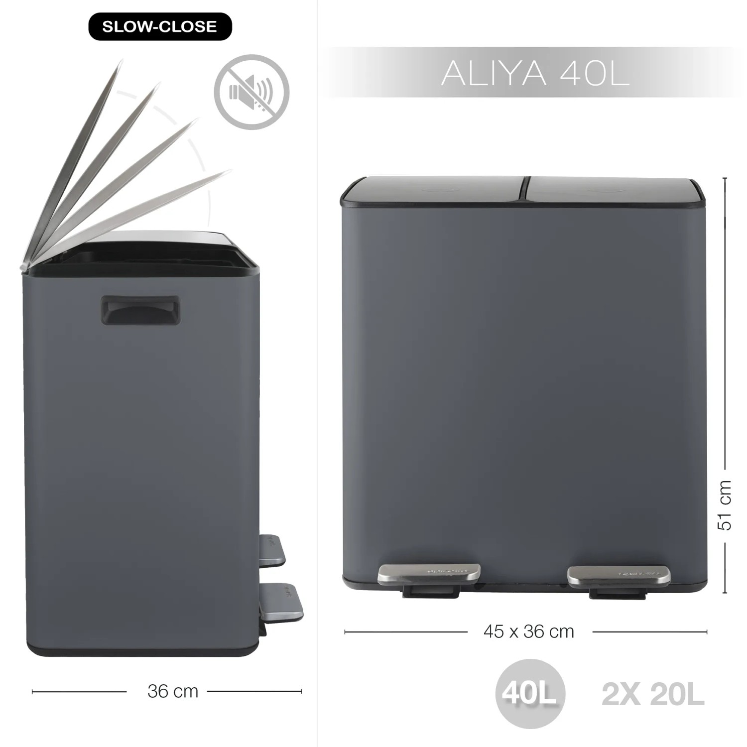 Spirella Kosmetikeimer Aliya, 2x20L, Grau Matt, mit zwei Fächern und Soft-Close Funktion.
