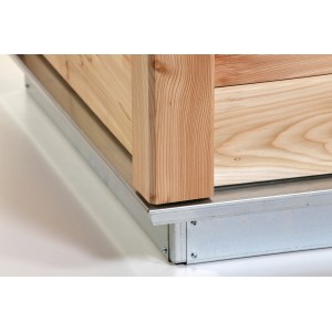 Detailansicht des KGT Hochbeet Woody: Lärchenholz und verzinkter Stahlrahmen für sicheren Stand.