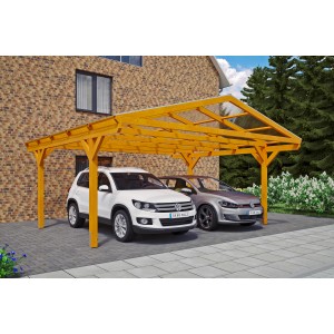 Skan Holz Carport Westerwald Eiche hell für zwei Autos, Holzkonstruktion mit Doppelstegplatten.