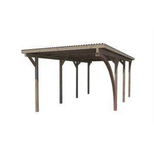 Weka Einzelcarport aus Holz mit dunklem Wellblechdach und dekorativem Rundbogen. Stabile Konstruktion für ein Fahrzeug.