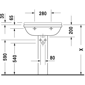 Technische Zeichnung: Duravit Starck 3 Waschtisch, 65 cm, weiß, mit Maßen.