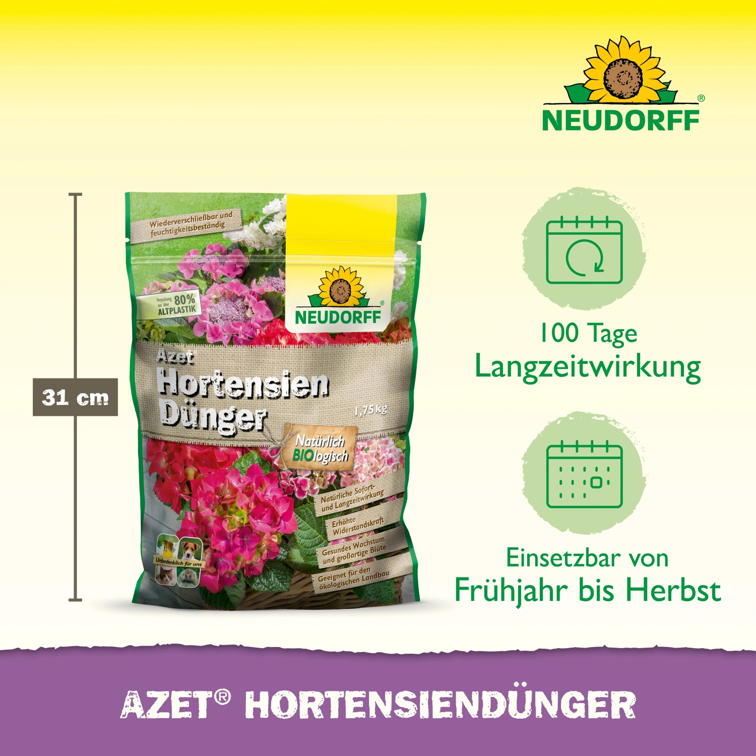 Neudorff Azet Hortensiendünger 1,75kg Packung mit Hortensienblüten. Für farbenprächtige Blüten.