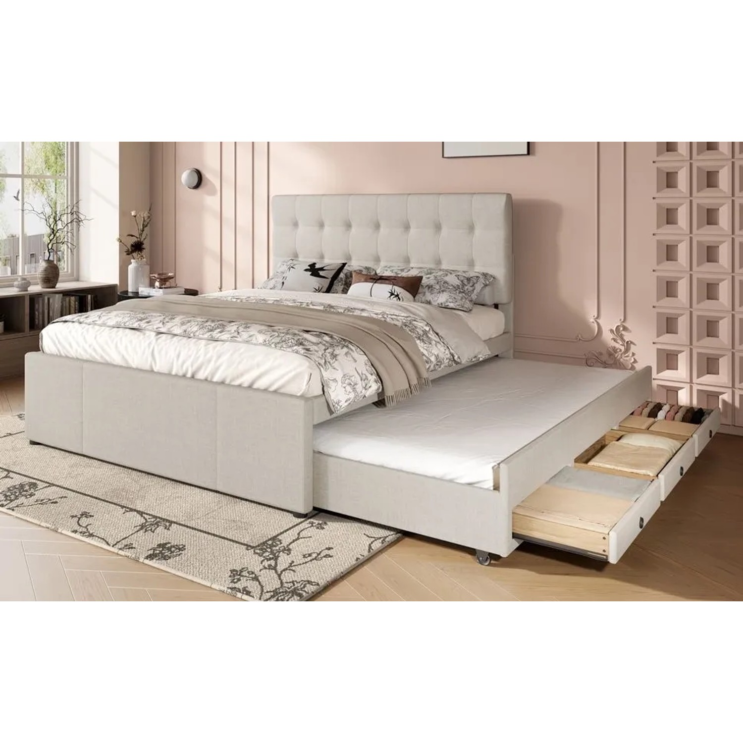 okwish Polsterbett 140x200cm mit Schubladen Schlafzimmer Beige ohne Matratze_10