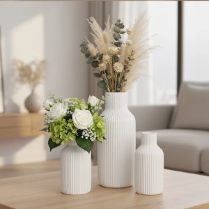 Relaxdays Vasen 3er Set Keramik Weiß Gerillt 20 cm x ø 9 cm 18 cm x ø 7,5 cm 14,5 cm x ø 6,5 cm