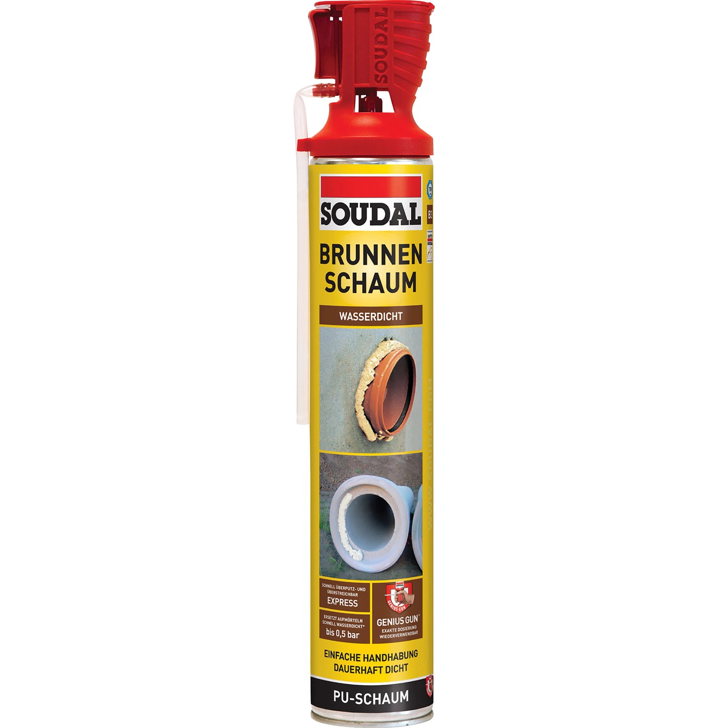 Soudal PU-Brunnen-Montageschaum 750ml, gelbe Dose mit rotem Sprühkopf. Zum Abdichten von Schachtringen.