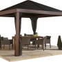 Sojag Pavillon Valencia Holz 363x363 cm mit Moskitonetz und Gartenmöbeln.