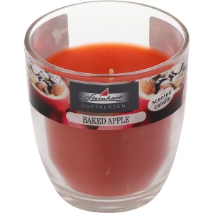 Orangefarbene Steinhart Duftkerze Cero im Glas, 8x7,4cm. Stumpenkerze mit Apfelduft.