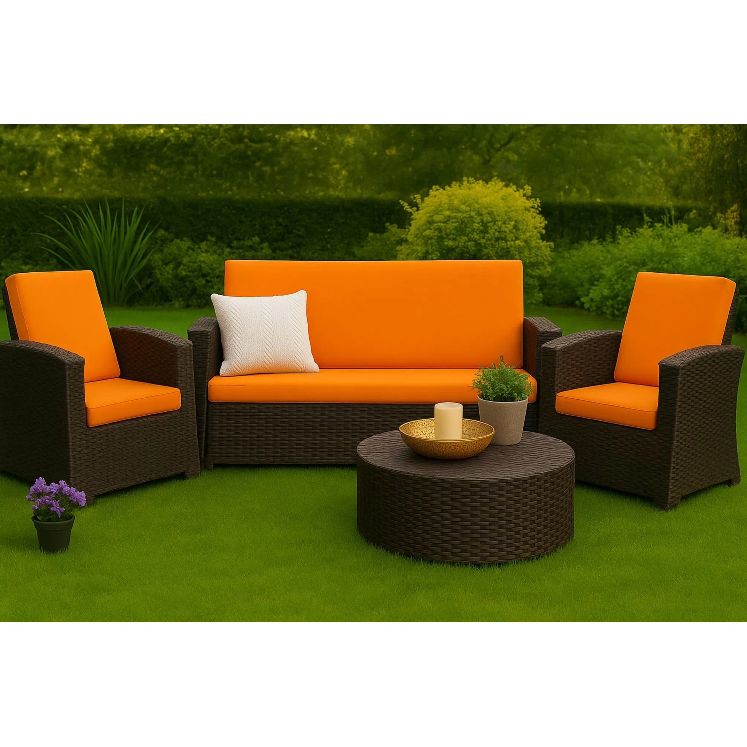 Orangefarbenes Gartenkissen-Set für Polyrattan-Möbel, bestehend aus Kissen für ein 2-Sitzer-Sofa und Sesseln.