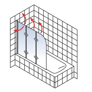 Schulte Badewannenaufsatz, 3-teilig, Dekor Liane, als Duschabtrennung mit roten Pfeilen zur Veranschaulichung der Faltfunktion.