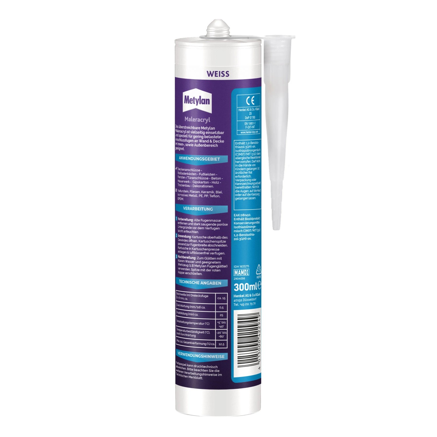 Weiße Kartusche Metylan Maleracryl Wand & Decke, 300ml, mit Aufsatzdüse. Acryl Dichtstoff für Anschlussfugen.