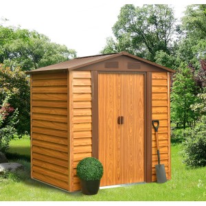 Pergart Gerätehaus Frankfurt II in Holzoptik, 193x152x203 cm, mit Doppeltür und Gartenschaufel.