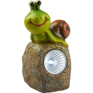 LED-Solarstein mit Schnecke: Dekorative Gartenleuchte in Steinoptik mit Schneckenfigur.