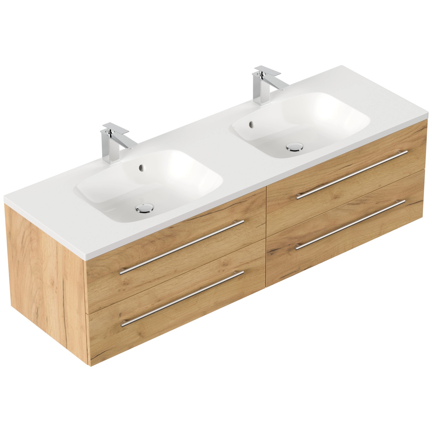 Posseik Badmöbel-Set Geant 160 in Eiche Gold mit Doppelwaschbecken und vier Schubladen.