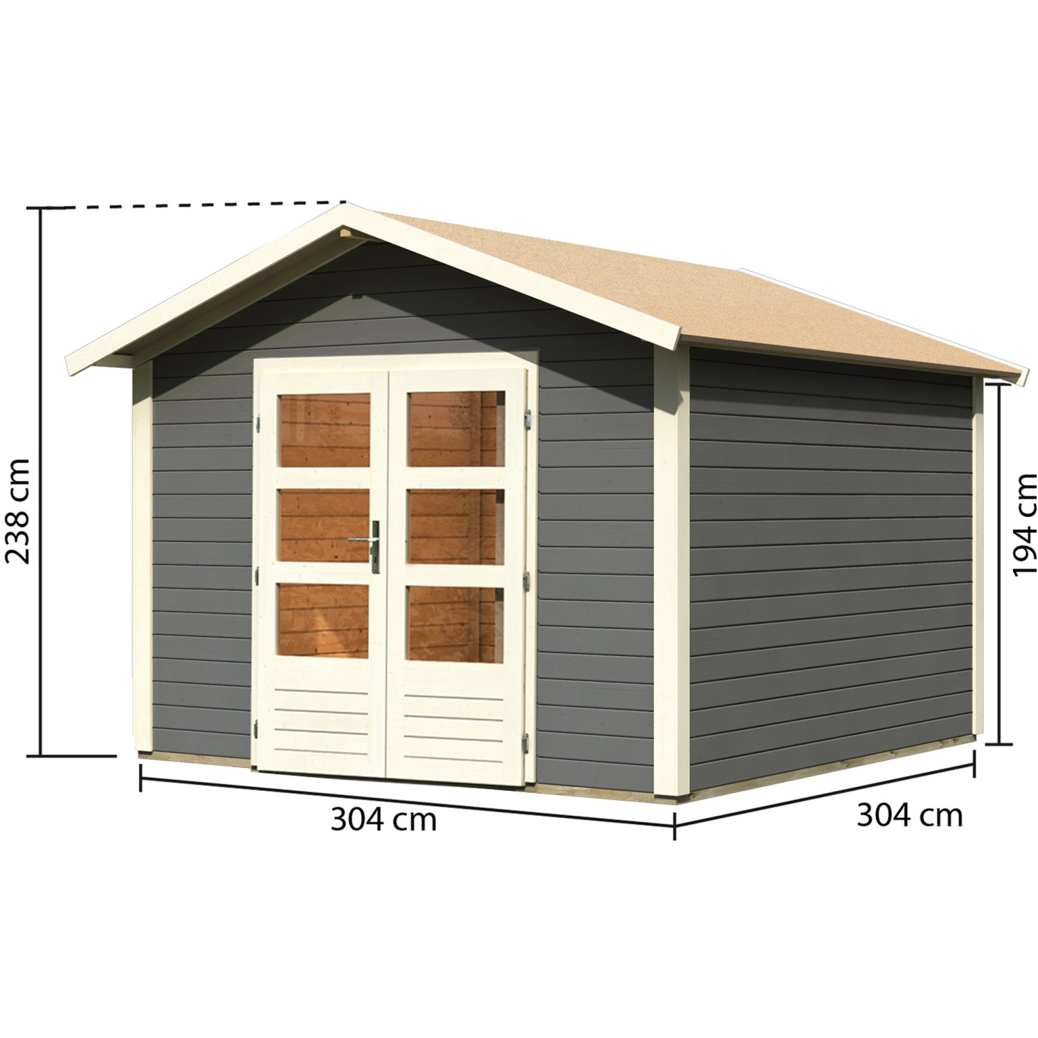 Karibu Holz-Gartenhaus Tyka, terragrau, 300x300 cm, mit Satteldach. Gartenhaus mit Maßen.