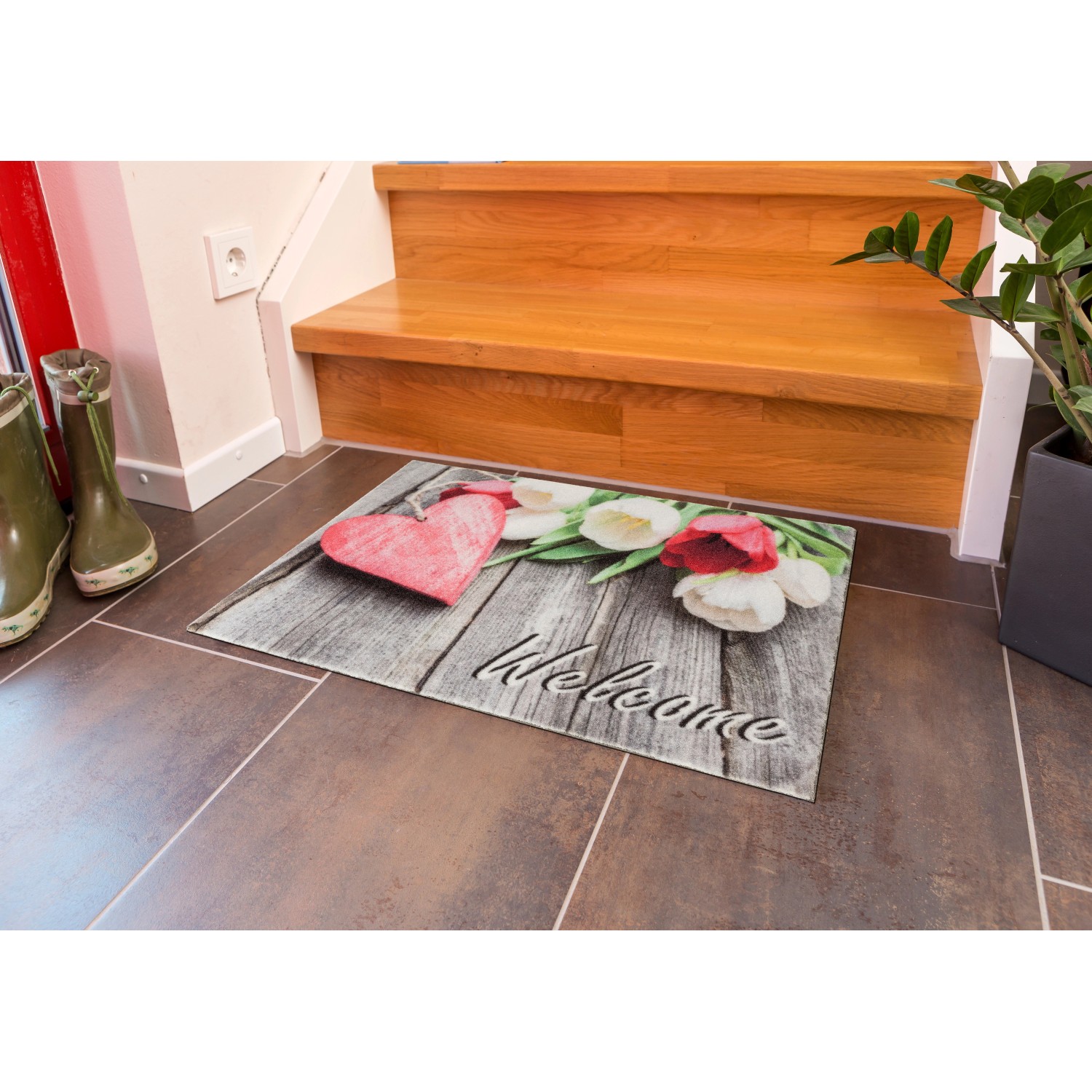 Astra Sauberlaufmatte mit Herz und Tulpen Motiv, 40x60 cm. Dekorative Fußmatte für den Innenbereich.