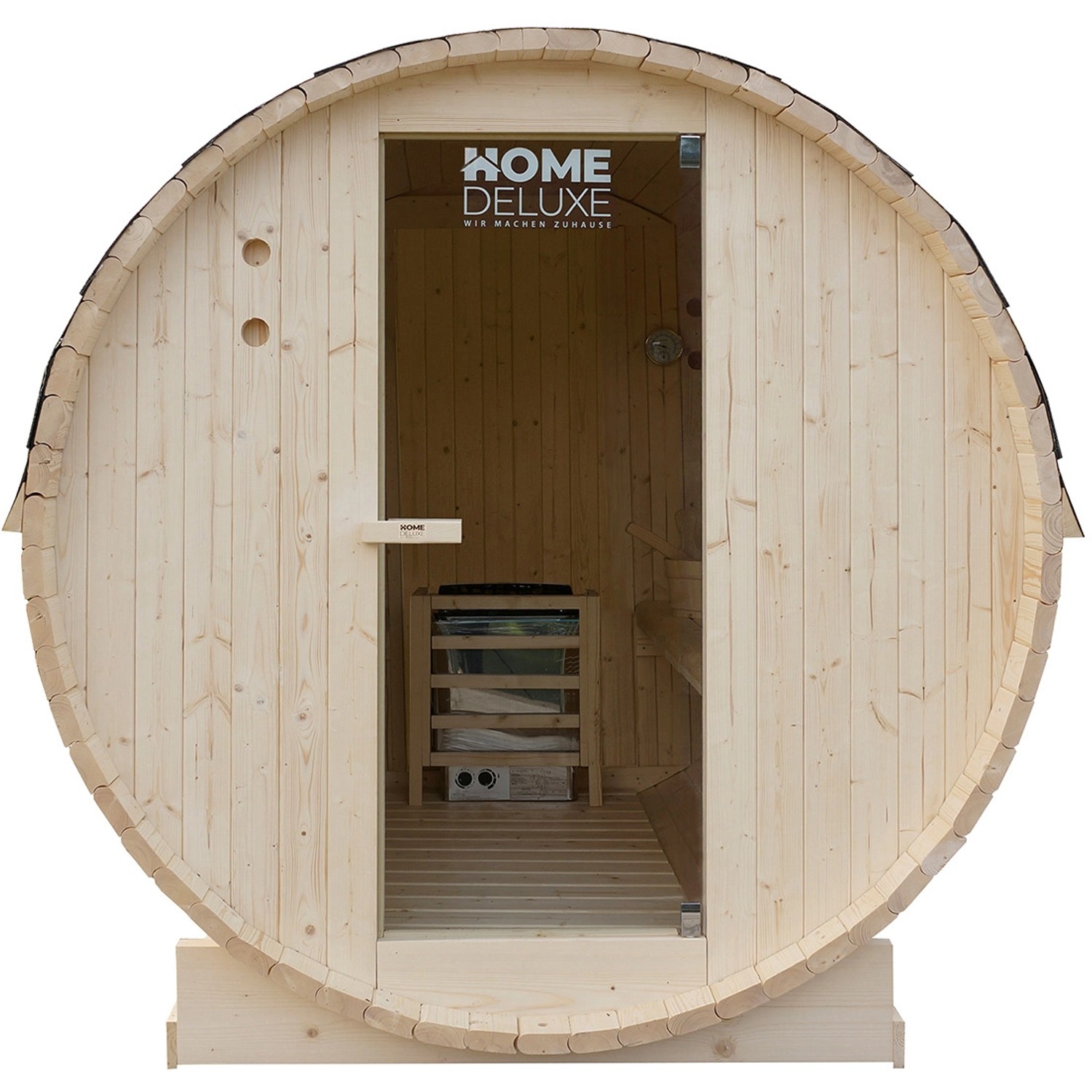 Home Deluxe Fasssauna Lahti Deluxe XL mit 8 kW Ofen aus Fichtenholz, Frontansicht.